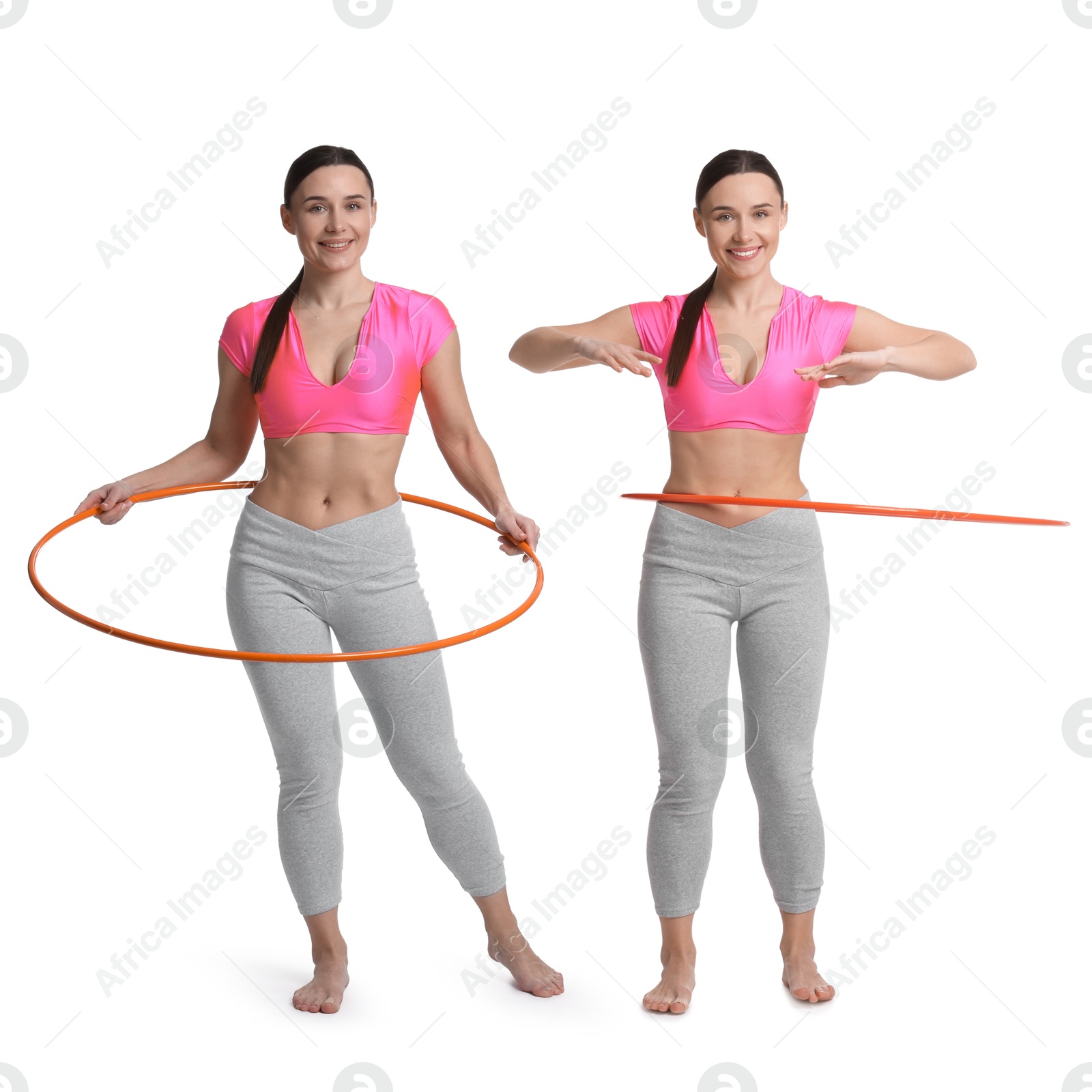 Image of Beautiful young woman training with hula hoop on white background, collage