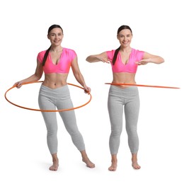 Image of Beautiful young woman training with hula hoop on white background, collage