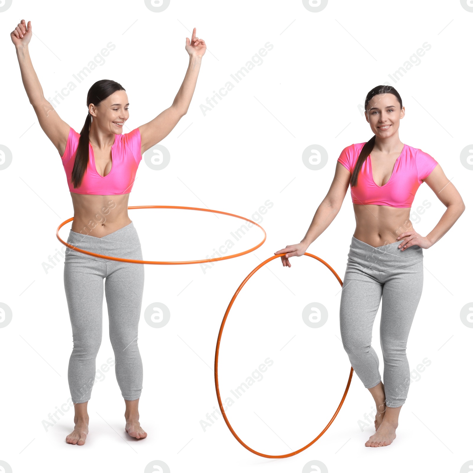 Image of Beautiful young woman training with hula hoop on white background, collage