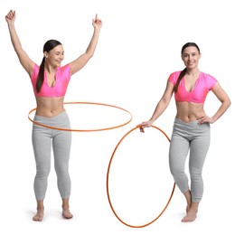 Image of Beautiful young woman training with hula hoop on white background, collage