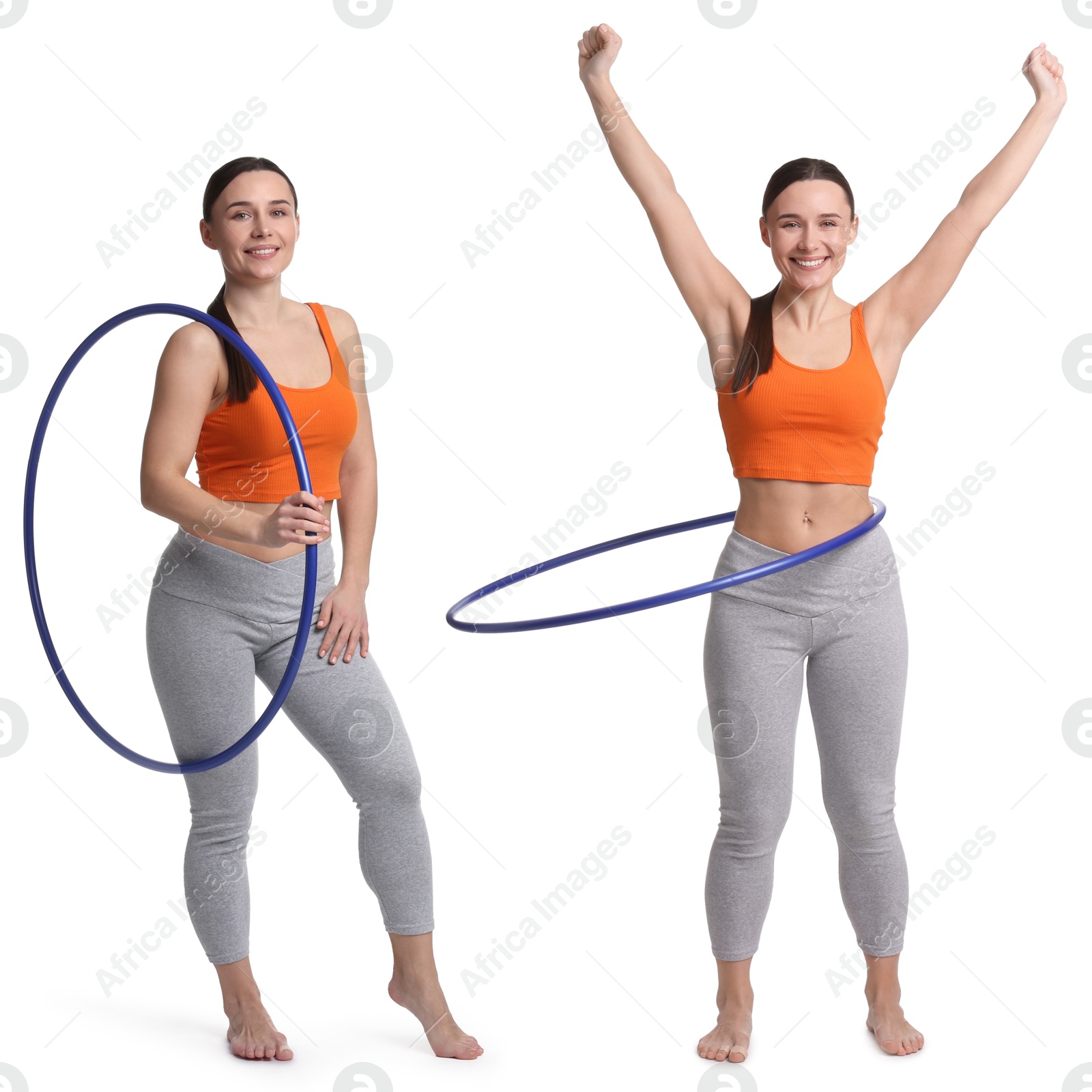 Image of Beautiful young woman training with hula hoop on white background, collage