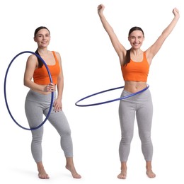 Beautiful young woman training with hula hoop on white background, collage