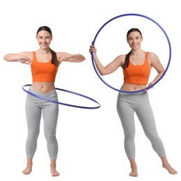 Image of Beautiful young woman training with hula hoop on white background, collage