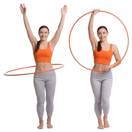 Image of Beautiful young woman training with hula hoop on white background, collage