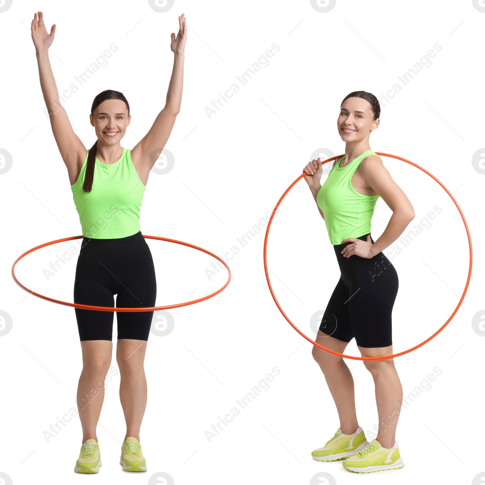 Image of Beautiful young woman training with hula hoop on white background, collage