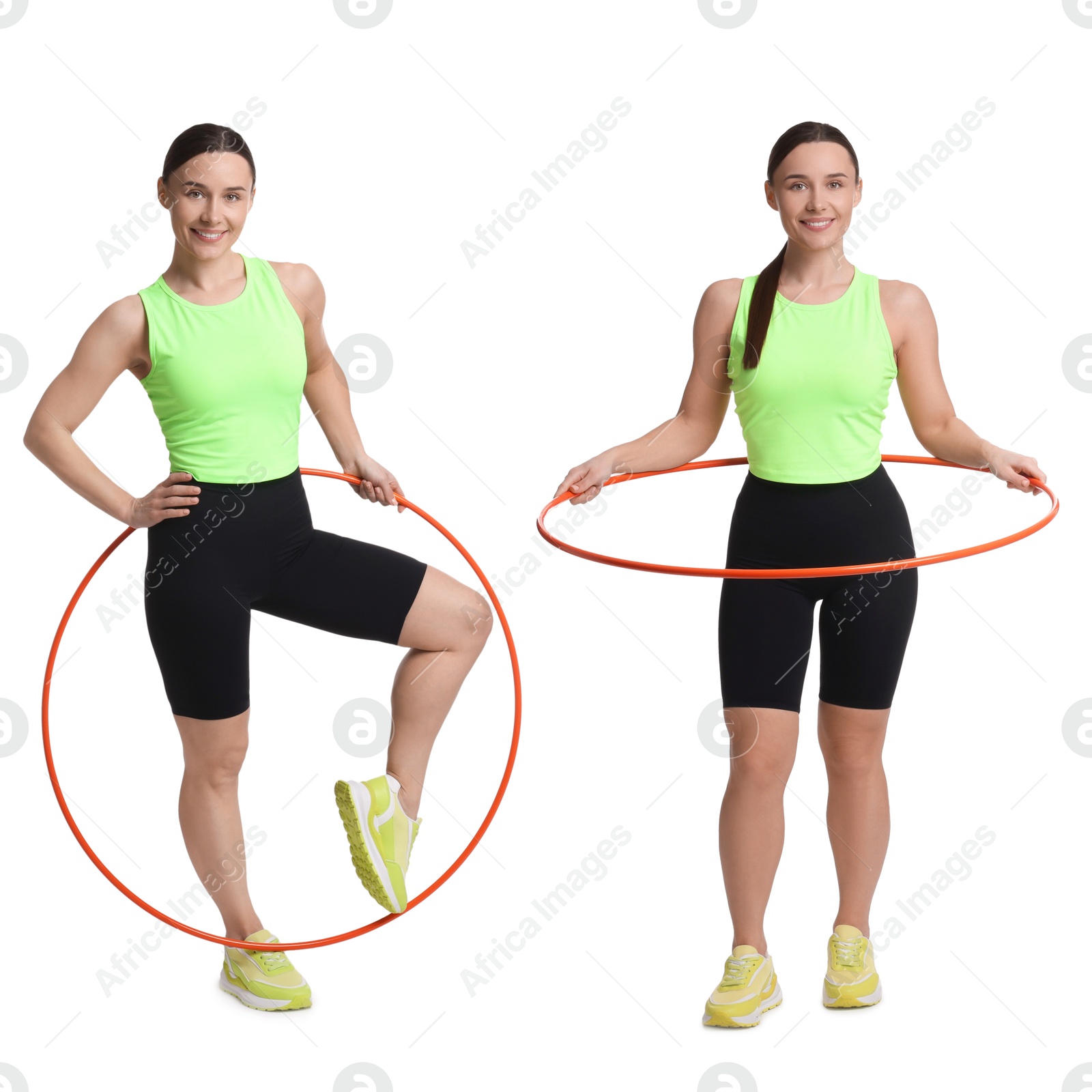 Image of Beautiful young woman training with hula hoop on white background, collage