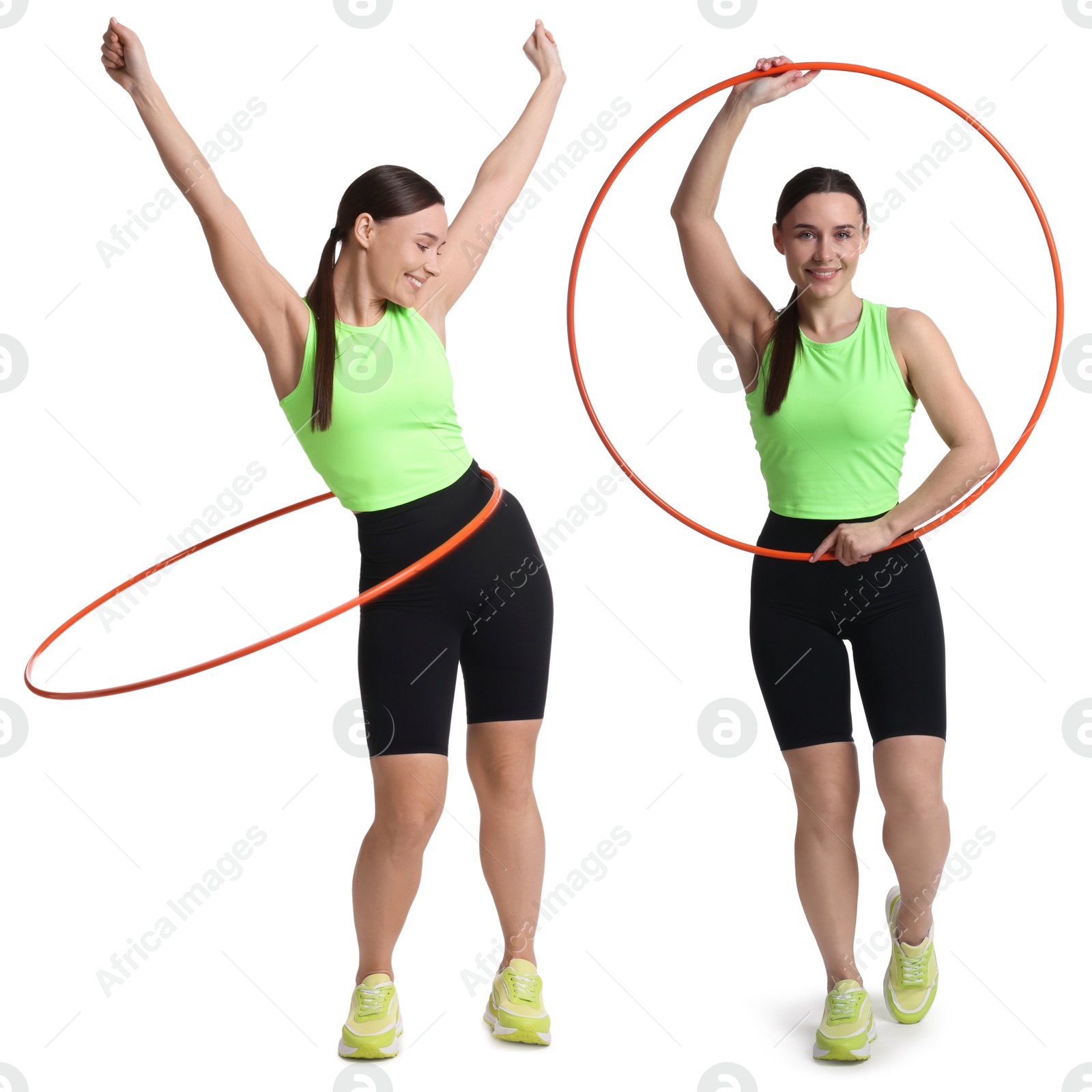 Image of Beautiful young woman training with hula hoop on white background, collage