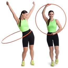 Image of Beautiful young woman training with hula hoop on white background, collage