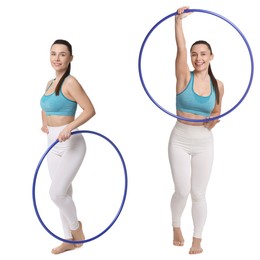 Beautiful young woman with hula hoop on white background, collage