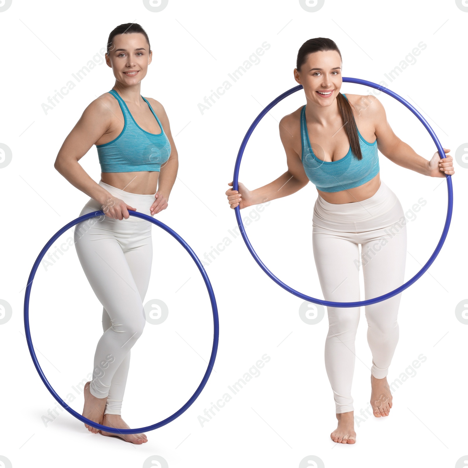 Image of Beautiful young woman with hula hoop on white background, collage