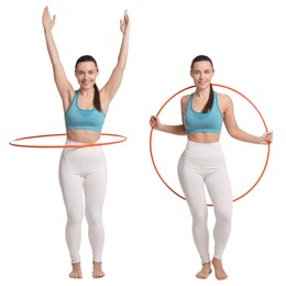 Beautiful young woman training with hula hoop on white background, collage