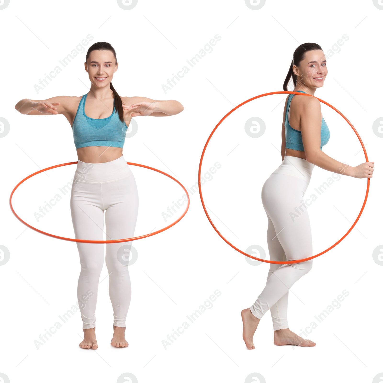 Image of Beautiful young woman training with hula hoop on white background, collage