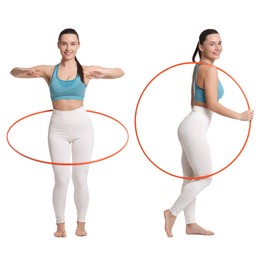 Image of Beautiful young woman training with hula hoop on white background, collage