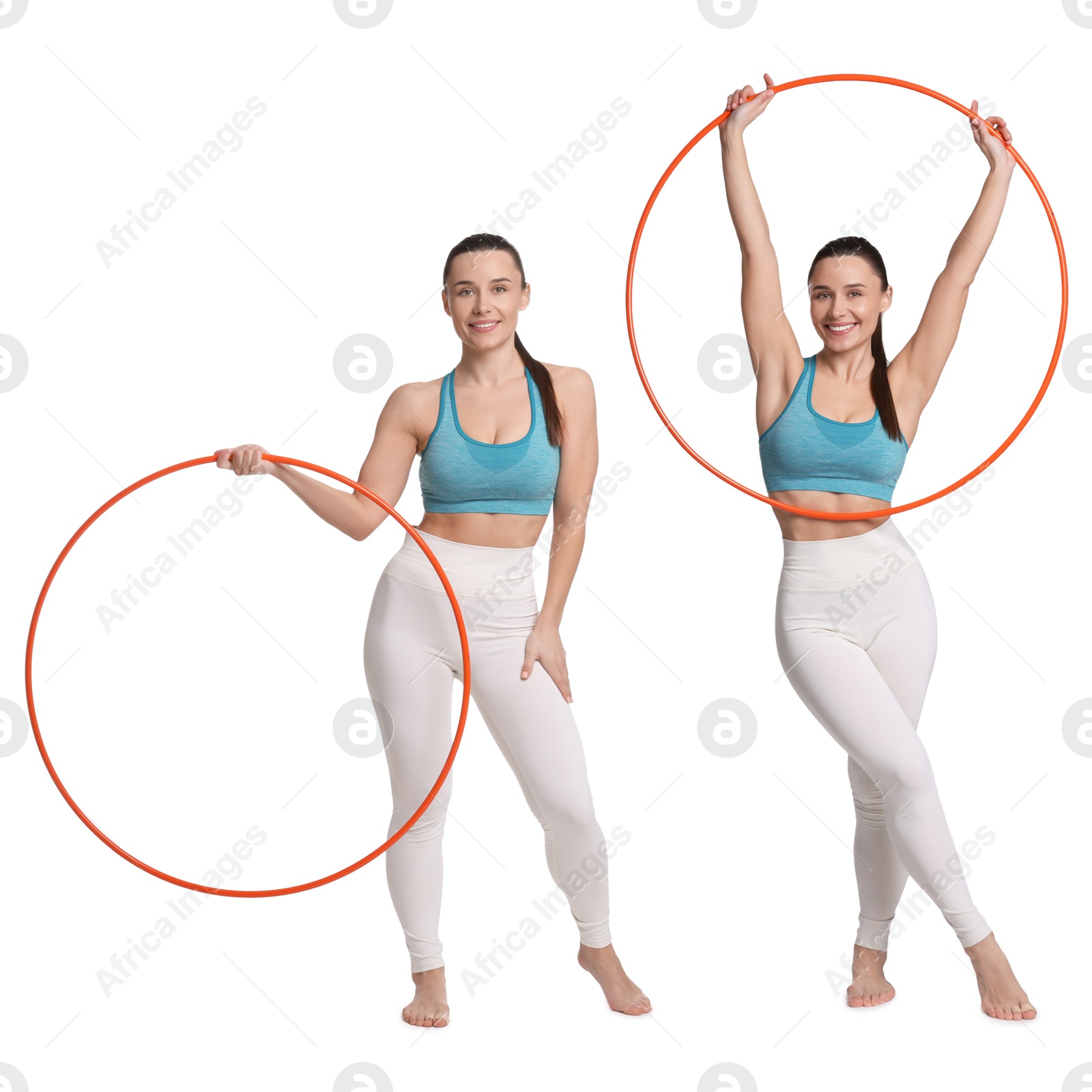 Image of Beautiful young woman with hula hoop on white background, collage