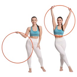 Image of Beautiful young woman with hula hoop on white background, collage