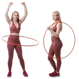 Image of Beautiful young woman training with hula hoop on white background, collage