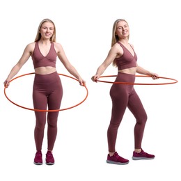 Image of Beautiful young woman training with hula hoop on white background, collage