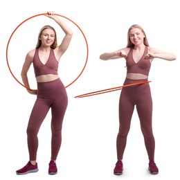 Image of Beautiful young woman training with hula hoop on white background, collage