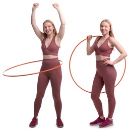 Image of Beautiful young woman training with hula hoop on white background, collage