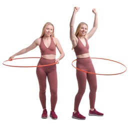 Image of Beautiful young woman training with hula hoop on white background, collage