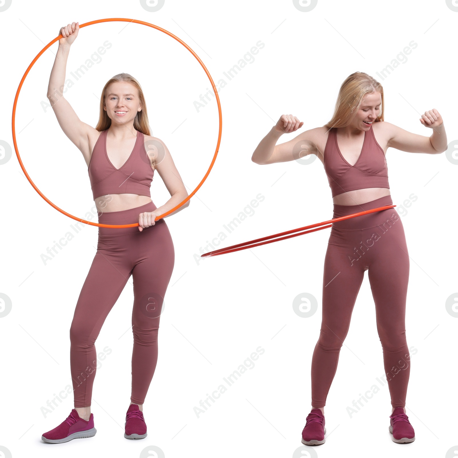 Image of Beautiful young woman training with hula hoop on white background, collage