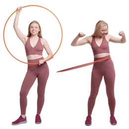 Beautiful young woman training with hula hoop on white background, collage