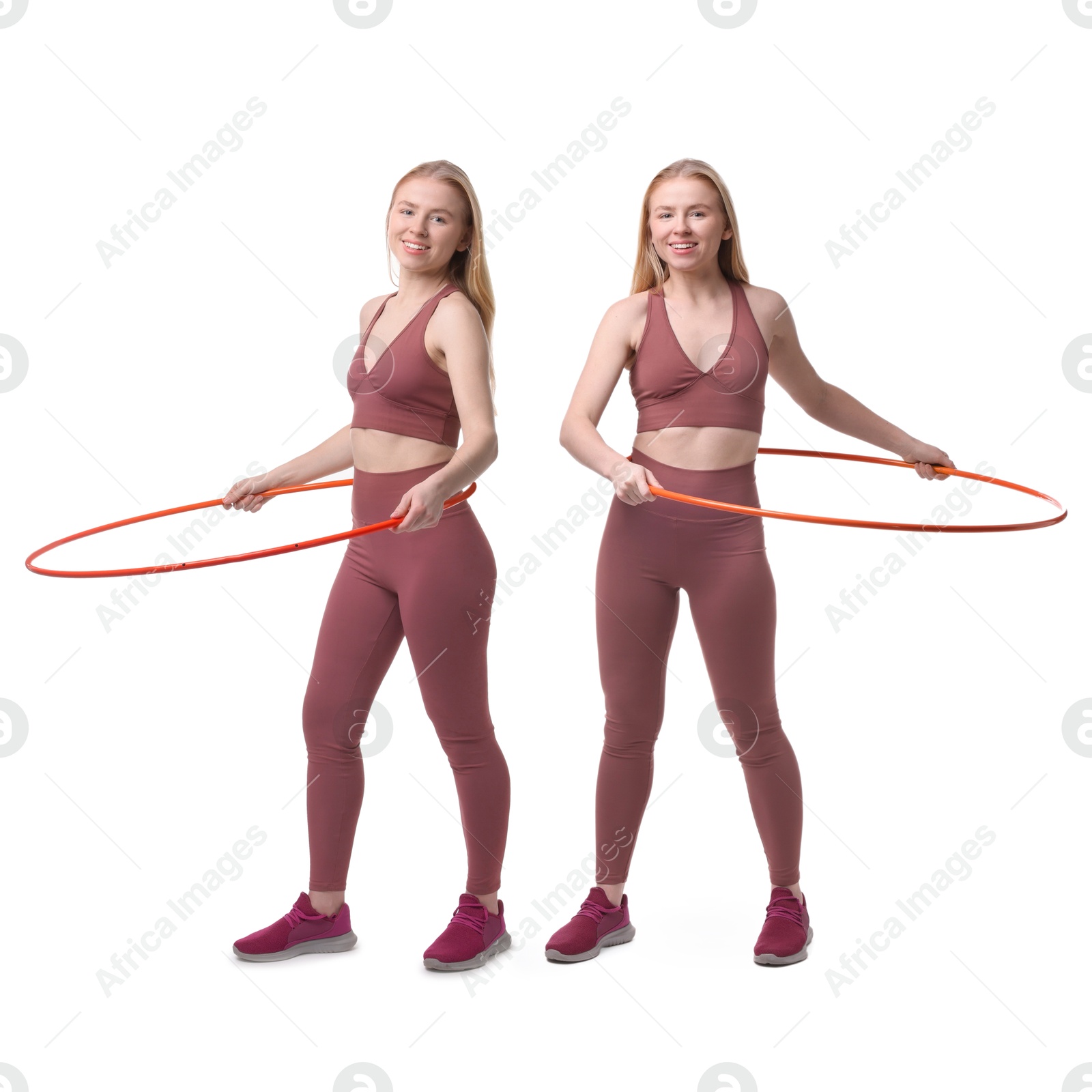 Image of Beautiful young woman training with hula hoop on white background, collage