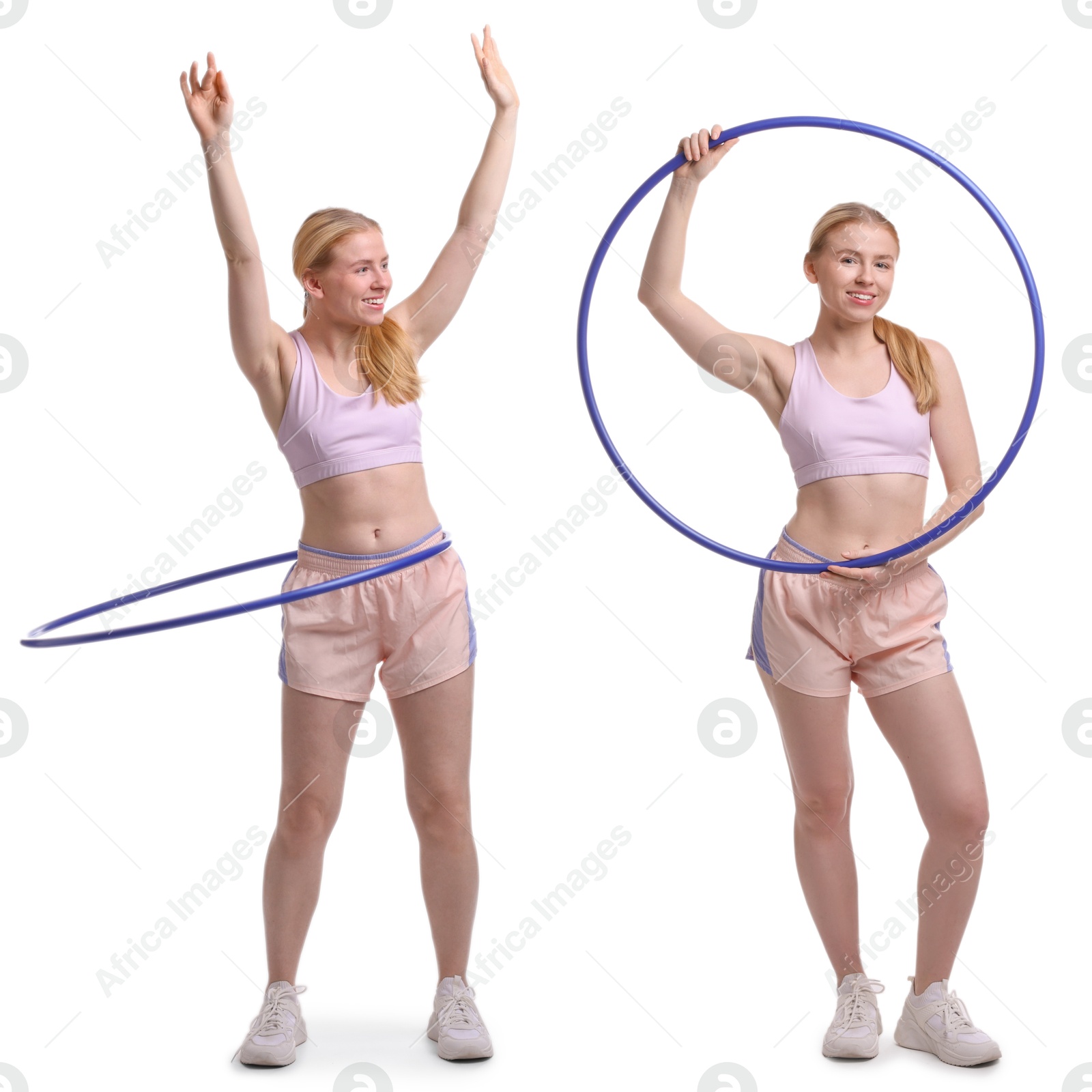 Image of Beautiful young woman training with hula hoop on white background, collage