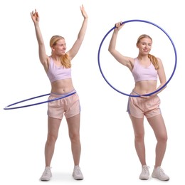 Image of Beautiful young woman training with hula hoop on white background, collage