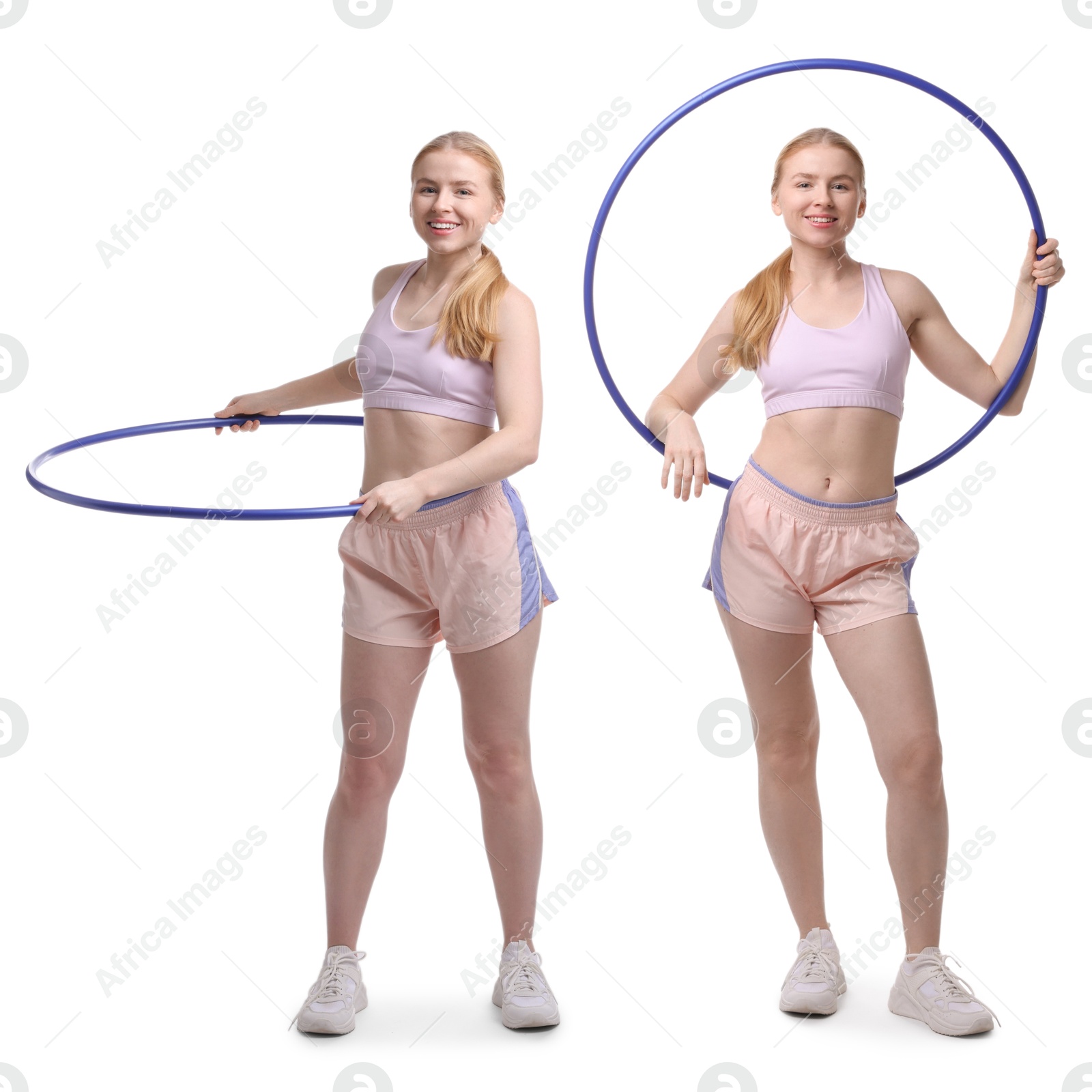 Image of Beautiful young woman training with hula hoop on white background, collage