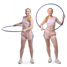 Image of Beautiful young woman training with hula hoop on white background, collage