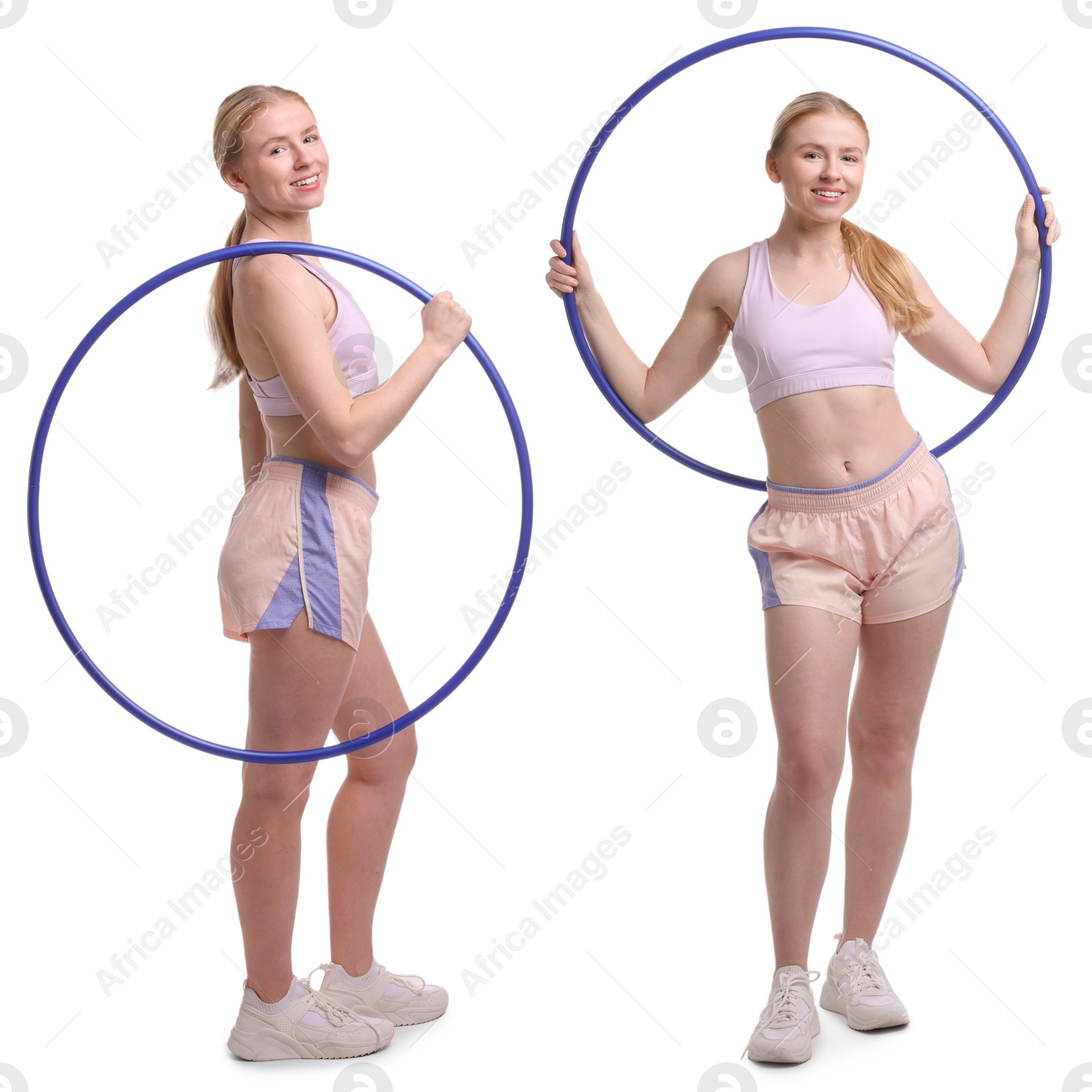 Image of Beautiful young woman with hula hoop on white background, collage