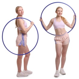 Image of Beautiful young woman with hula hoop on white background, collage