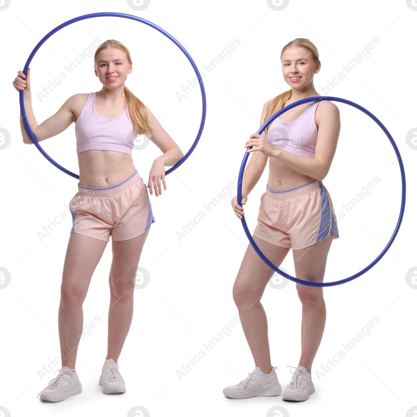 Image of Beautiful young woman with hula hoop on white background, collage