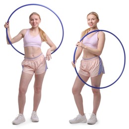 Beautiful young woman with hula hoop on white background, collage