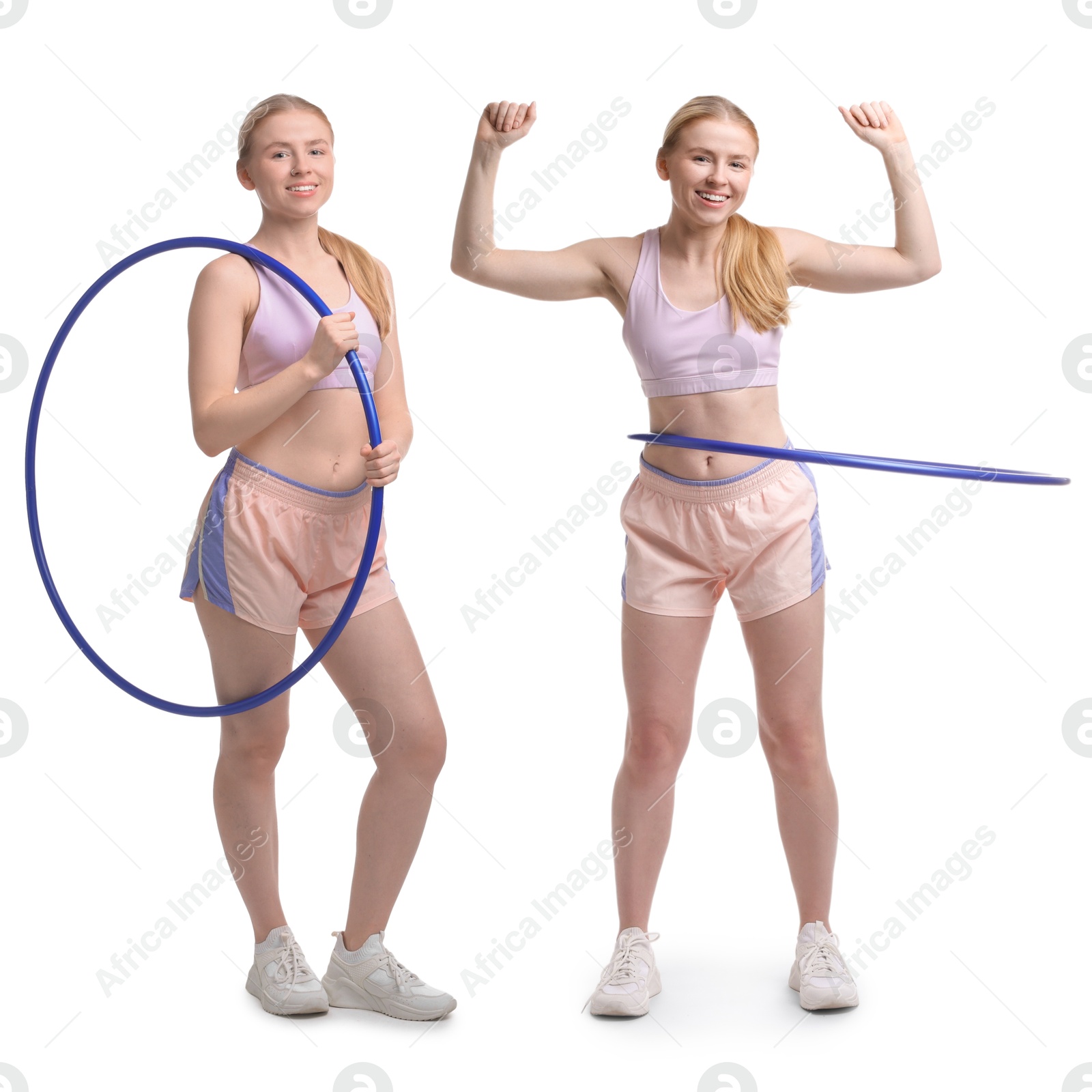 Image of Beautiful young woman training with hula hoop on white background, collage