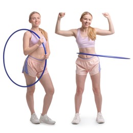 Image of Beautiful young woman training with hula hoop on white background, collage