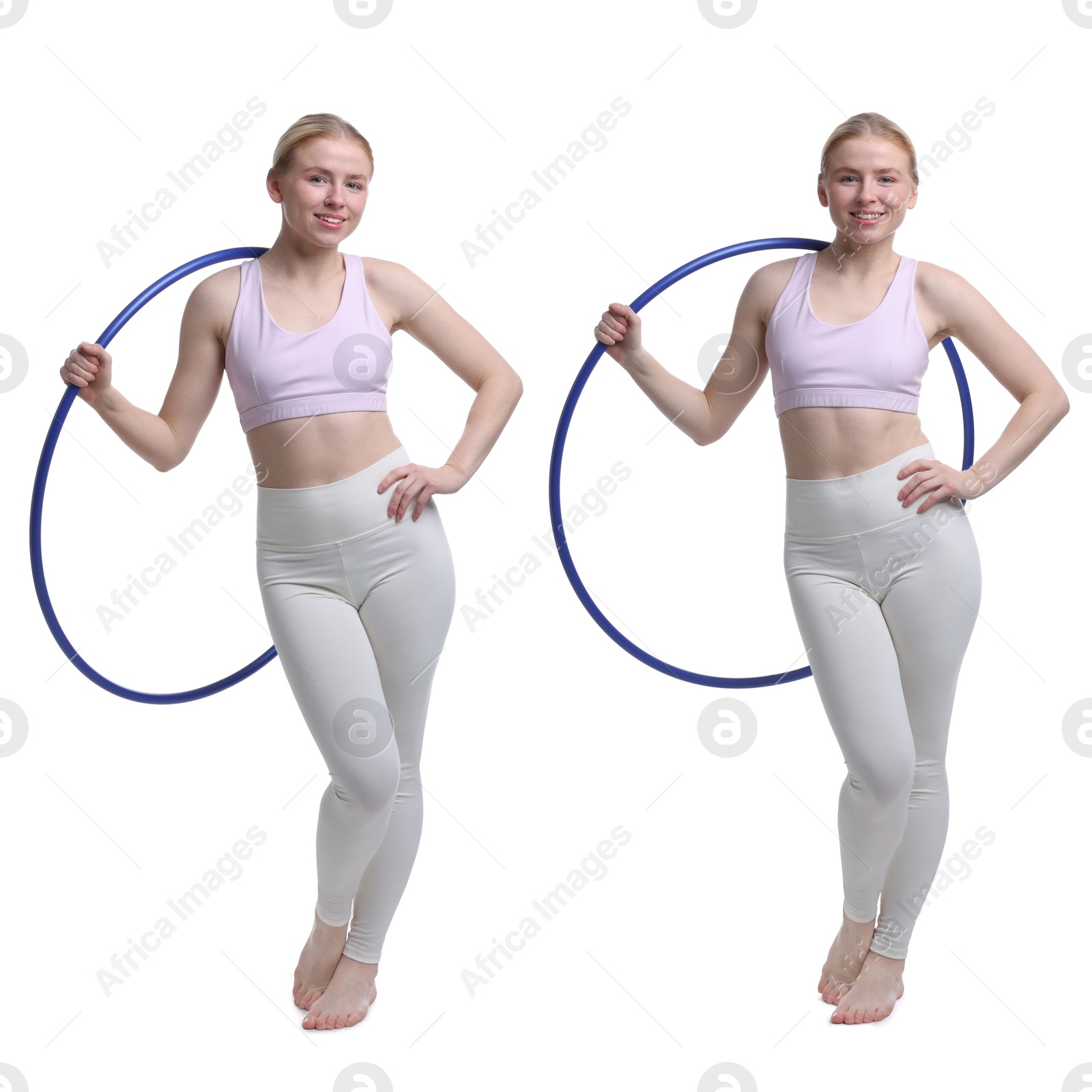 Image of Beautiful young woman with hula hoop on white background, collage