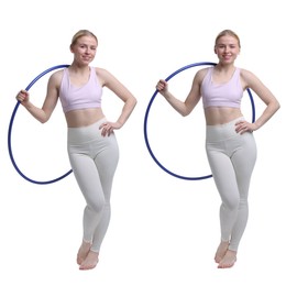 Beautiful young woman with hula hoop on white background, collage