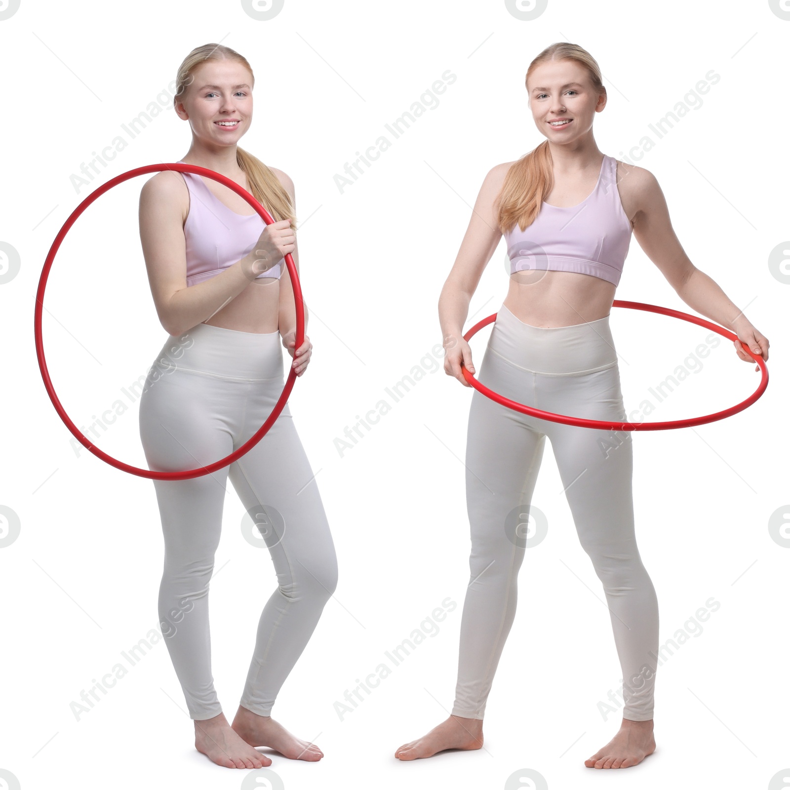 Image of Beautiful young woman training with hula hoop on white background, collage