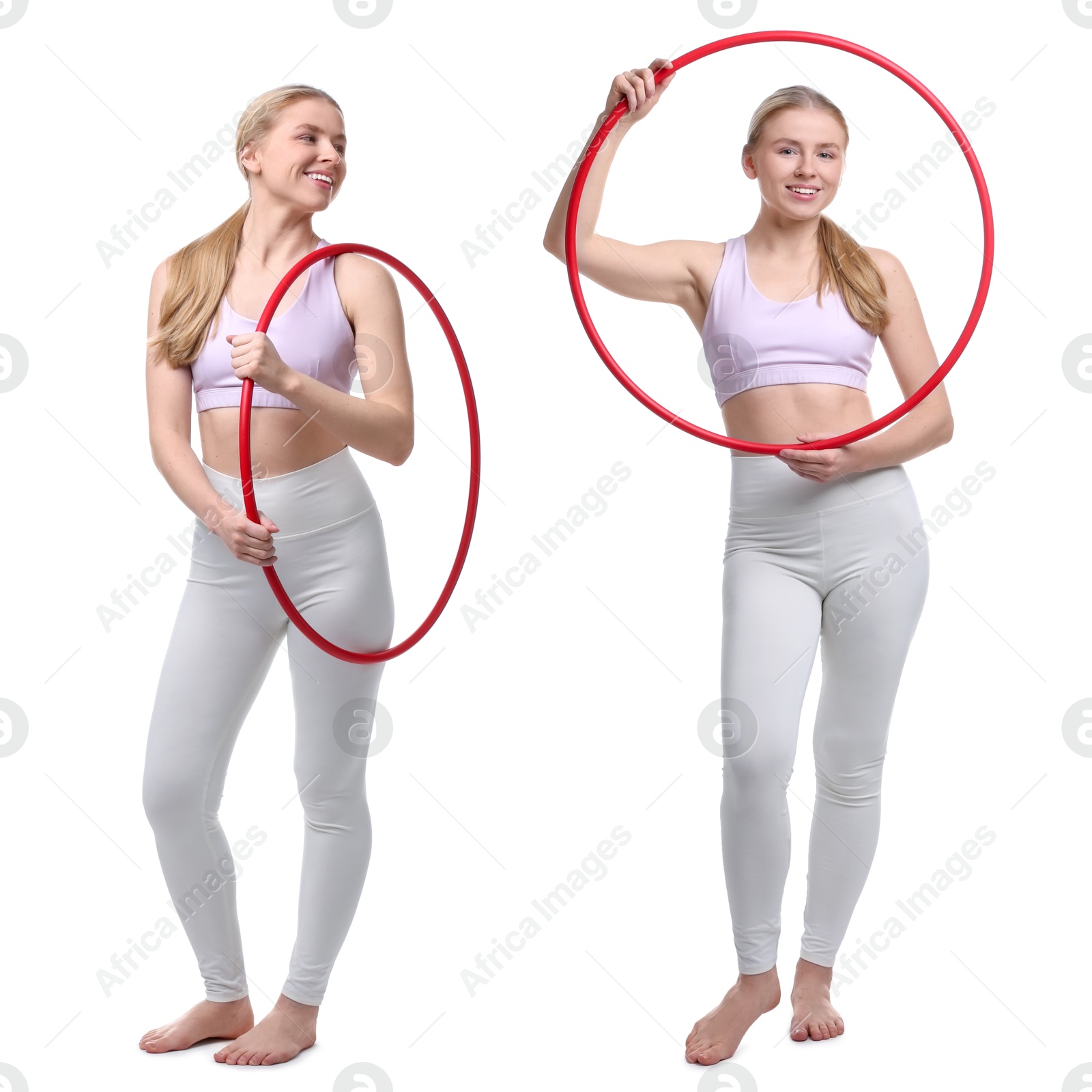 Image of Beautiful young woman with hula hoop on white background, collage