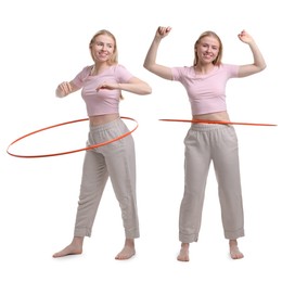 Image of Beautiful young woman training with hula hoop on white background, collage