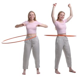 Image of Beautiful young woman training with hula hoop on white background, collage