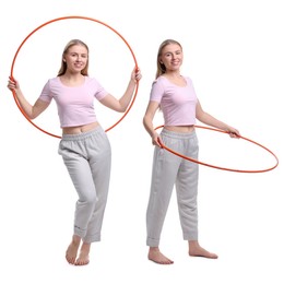 Image of Beautiful young woman training with hula hoop on white background, collage