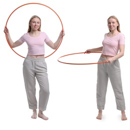 Image of Beautiful young woman training with hula hoop on white background, collage