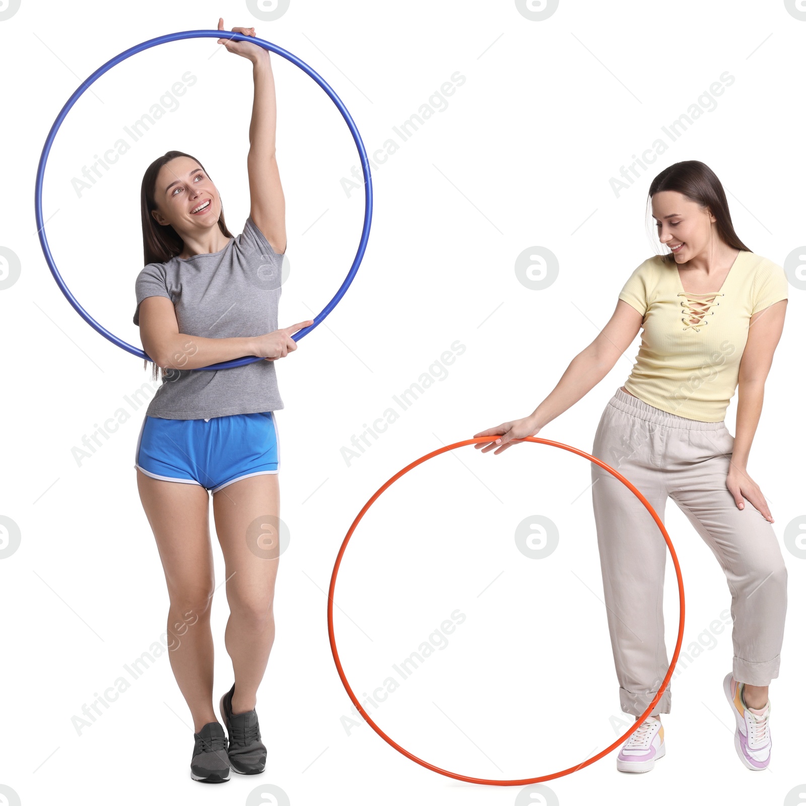 Image of Beautiful young woman with hula hoops on white background, collage