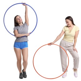 Image of Beautiful young woman with hula hoops on white background, collage