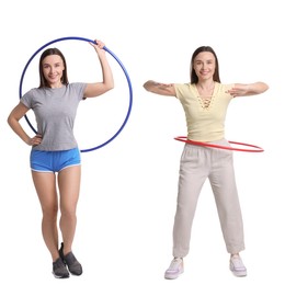 Image of Beautiful young woman training with hula hoops on white background, collage