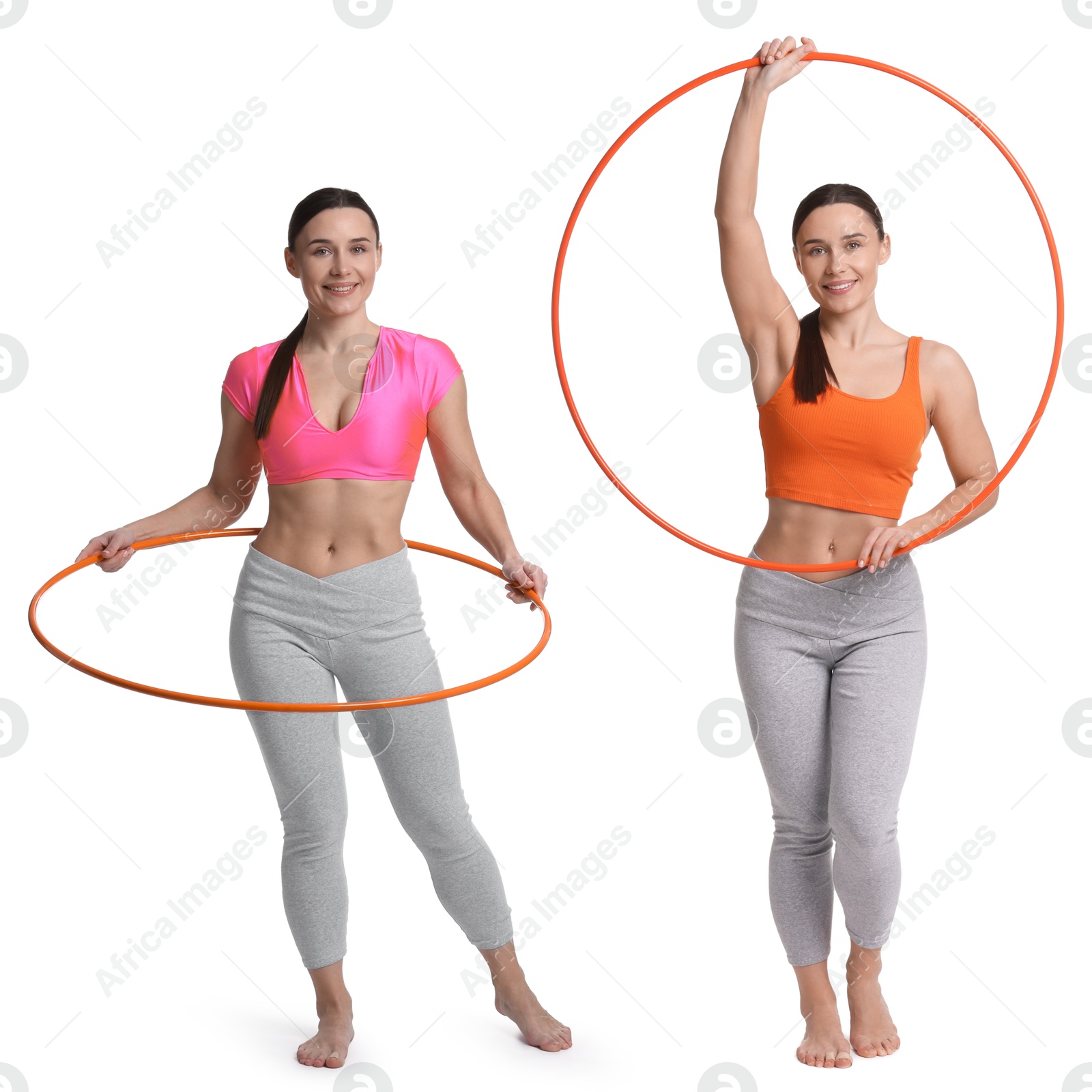 Image of Beautiful young woman training with hula hoop on white background, collage