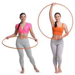 Image of Beautiful young woman training with hula hoop on white background, collage